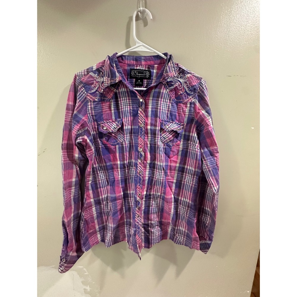 Shyanne Womens Purple Plaid Western Snap Shirt Embroidered Rhinestone Medium